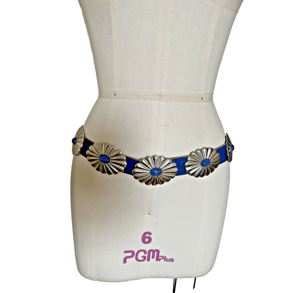 VTG Rare 33" 80s ACCESSOCRAFT NYC Glass Cab 5 Concho Buckle Blue Leather Belt - Picture 12 of 16